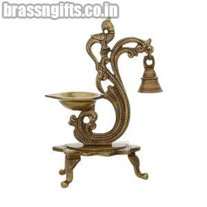 Brass Parrot Showpiece Diya with Bells
