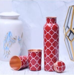 Red Floral Copper Bottle with 2 Glass