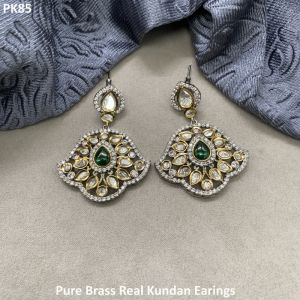 Pure Brass Real Kundan Two Tone Plated Pair of Earrings