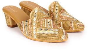 The Desi Dulhan Women Golden Ethnic Embellished Heel Mules with Resin Sole