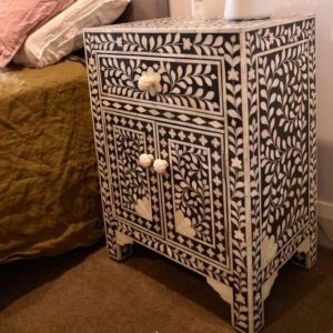 Royal Grid Monochrome Bone Inlay Bedside Table