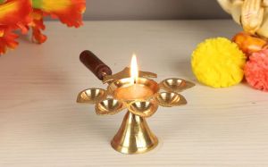 Brass Panch Aarti with Wooden Handle