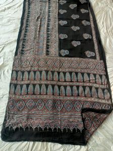 Ajrakh hand block printed modal silk saree natural dye