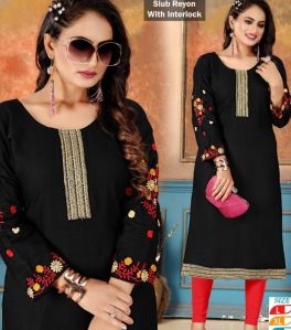 Black Rayon Slub Straight Kurti