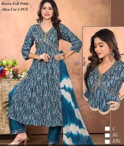 Blue Printed Alia Cut Suit