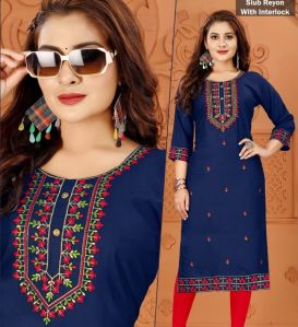 Blue Rayon Slub Straight Kurti