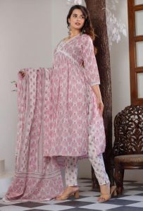 Pink Cotton Printed Alia Cut Suit