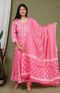 Pink Cotton Printed Anarkali Kurti Set