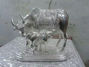 Silver Coated Cow with Stand Statue