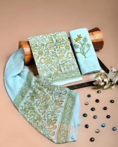 hand block printed cotton dress materials with chiffon duptta