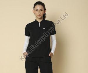 Knya Classic Womens Black 5-Pocket Mandarin Scrub Suit