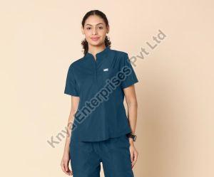 Knya Classic Womens Forest Green 5-Pocket Mandarin Scrub Suit