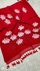 Casual Wear Mulmul Cotton Hand Painted Sarees