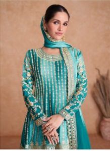 Ladies Designer Blue Chinon Sharara Set