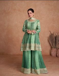 Ladies Designer Green Chinon Sharara Set
