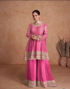 Ladies Designer Pink Chinon Sharara Set