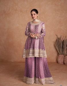 Ladies Designer Purple Chinon Sharara Set