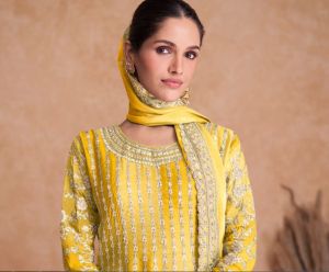 Ladies Designer Yellow Chinon Sharara Set