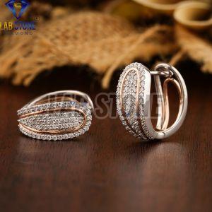 Round Cut Diamond White Rose Gold Hoop Earrings