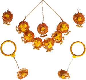 gota patti flower golden necklace set