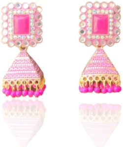 Pyramidal Engraved Jhumka Earrings with Studded Stones