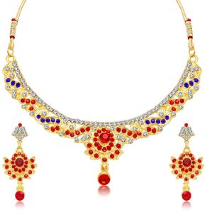 Sukkhi Gold Plated Choker Necklace Set Red & Blue