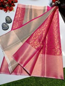 Printed Pink Banarasi Soft Silk Saree