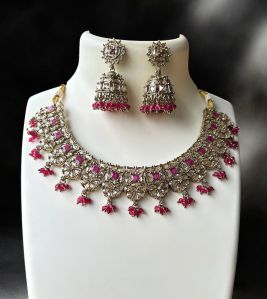 Silver And Pink Ladies Brass Imitation Necklace Set