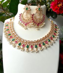 Multicolor Brass Ladies Kundan Necklace Set