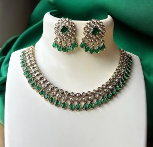 Green And Silver Stone Brass Necklace Set