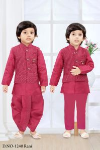 0-2 Years Boys Rani Color Dhoti Kurta Combo Set