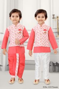 0-2 Years Boys Tomato Color Dhoti Kurta Combo Set