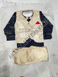 Beige and Black Boy Five Piece Coat Pant Set