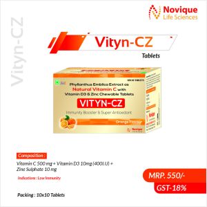 Vitamin C 500 mg + Vitamin D3 10Mg (400I.U) + Zine Sulphate 10 Mg Tablets