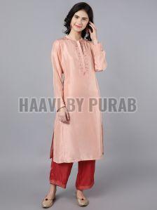 100% Cupro Silk Kurta with embroidery around placket