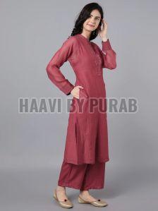 Ladies Brick Red Chanderi Silk Kurta with Farshi Pant