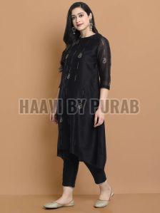 Ladies Black Chanderi Silk Kurta with Pant