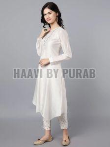 Ladies Ivory Chanderi Silk Asymmetric Kurta with Pencil Pant