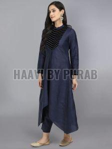 Ladies Embroidered Blue Dupion Silk Kurta