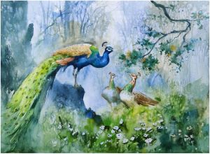 Beautiful Peacock & Watercolor Wall Painting