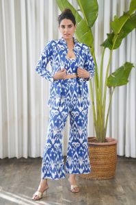 Blue & White Ikat Print Tube Top with Straight Pants and Jacket Set