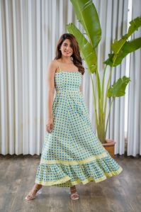 blue yellow checkered strap maxi dress