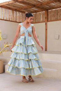 blue checkered bustier layered ruffle skirt set