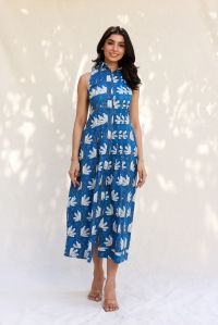 abstract floral print blue midi dress