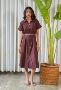 Cocoa brown belted linen midi shirt dress