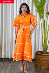 Orange midi dress with white layered hem piping midi