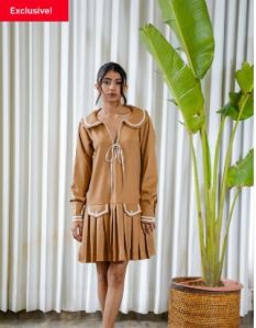 pleated hem full sleeves collar neck brown dress