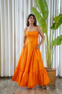 shoulder tie-knot orange flared maxi dress