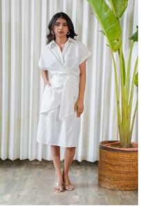 White linen drape midi shirt dress