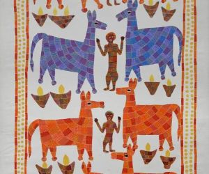 Men & Animals with Diyas Acrylic Painting